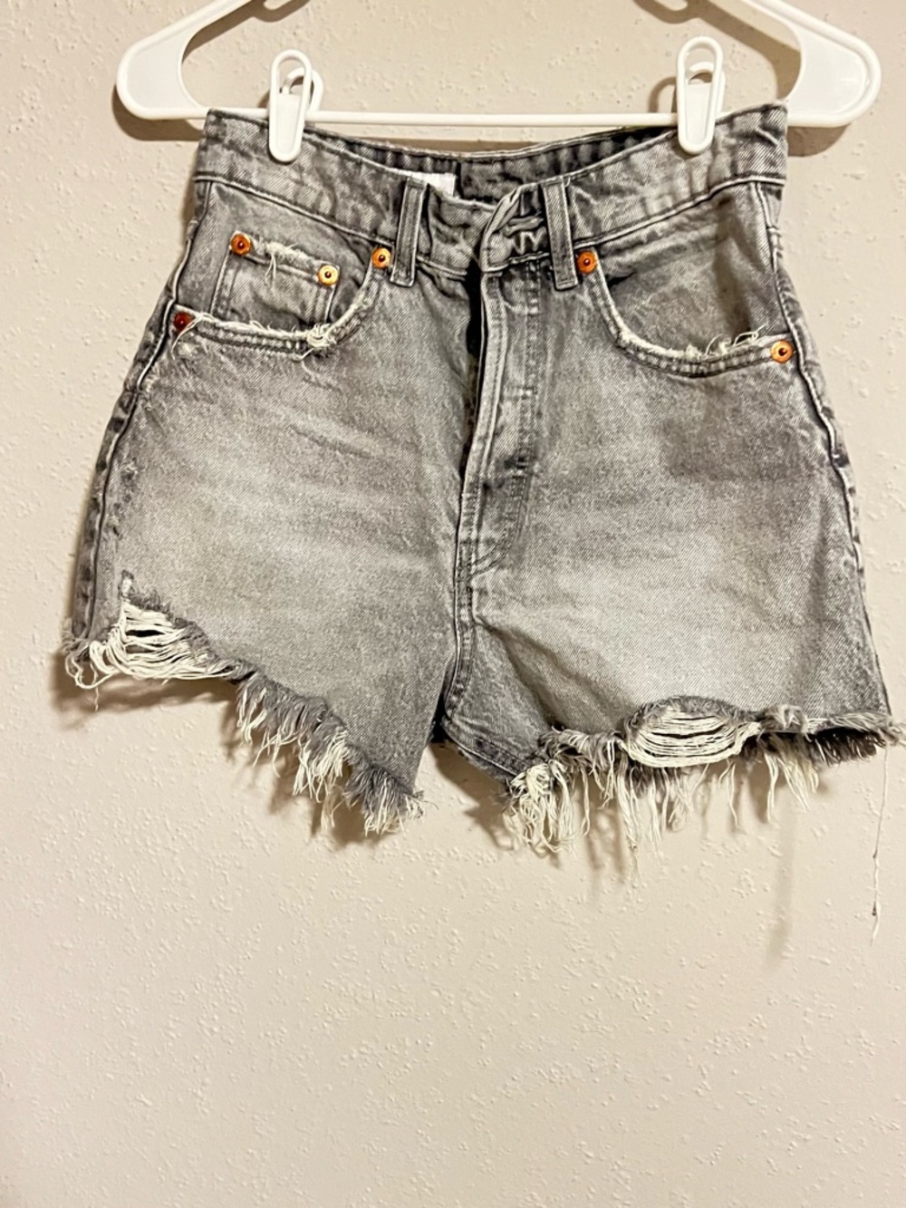 Zara Washed Gray High-Rise Distressed Denim Shorts
